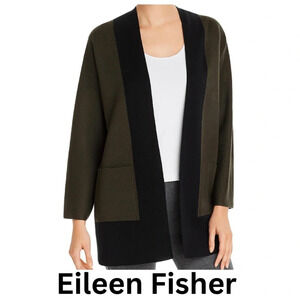 Eileen  Fisher Cardigan Sweater Pockets Collarless Merino Wool Dark Green XS